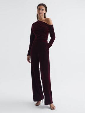 Fitted Velvet Jumpsuit in Burgundy