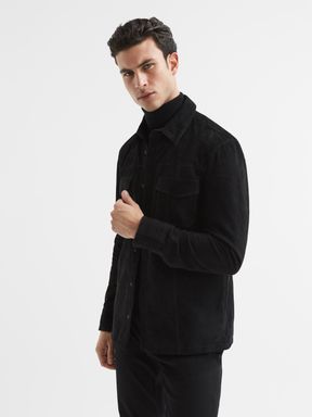 PAIGE Twin Pocket Suede Overshirt in Black