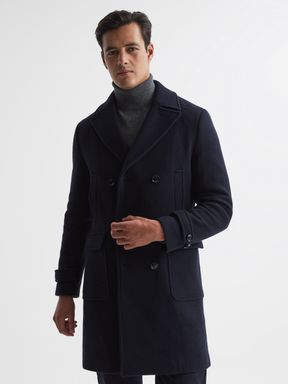 Double Breasted Wool Blend Military Overcoat in Navy