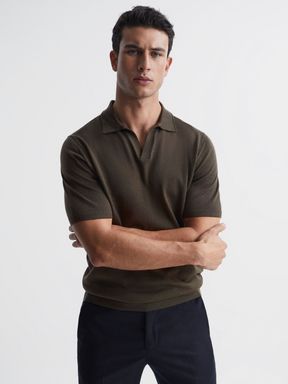 Merino Wool Open Collar Polo Shirt in Dark Military Green