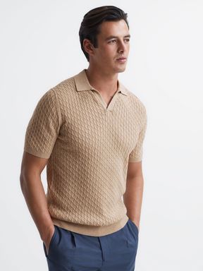 Slim Fit Cable Knit Open Collar Polo Shirt in Oatmeal