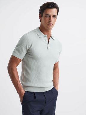 Press Stud Textured Polo Shirt in Soft Sage