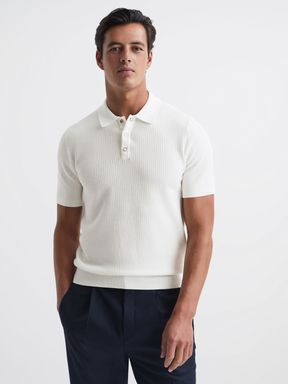 Press Stud Textured Polo Shirt in White