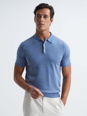 Slim Fit Knitted Polo Shirt in Denim Melange