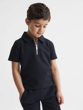 Junior Slim Fit Textured Half Zip Polo Shirt in Navy