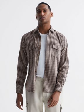 Long Sleeve Twin Pocket Checked Overshirt in Oatmeal
