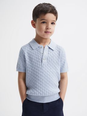 Junior Press Stud Cable Knit Polo Shirt in Soft Blue Melange
