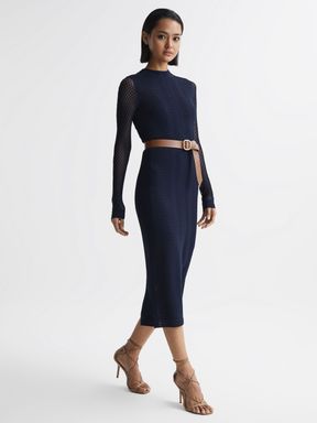 Knitted Bodycon Midi Dress in Navy