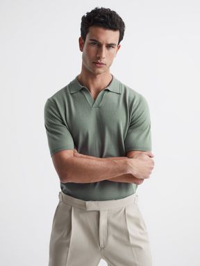 Merino Wool Open Collar Polo Shirt in Kale