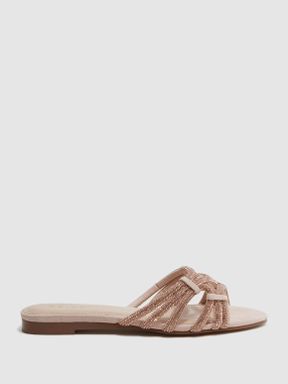 Suede Embellished Flat Sandals in Nude