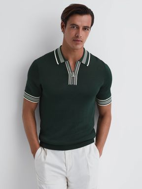 Half-Zip Striped Polo Shirt in Emerald
