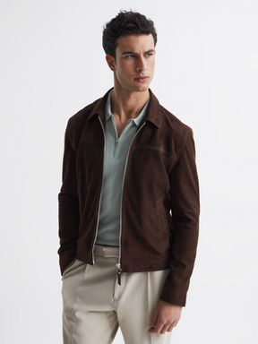 Suede Zip-Through Jacket in Chocolate