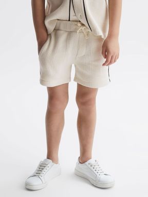 Junior Textured Drawstring Shorts in Ecru