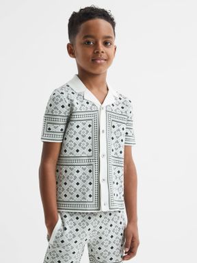 Junior Abstract Printed Cuban Collar Shirt in Sage