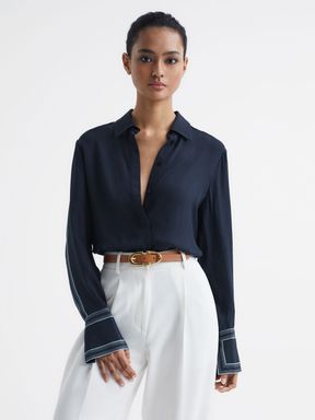Fitted Side Striped Dip Hem Blouse in Navy
