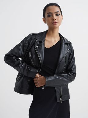 Oversized Leather Biker Jacket in Black