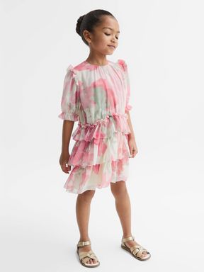 Junior Printed Tiered Dress in Pink Print