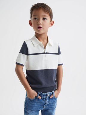 Junior Slim Fit Half Zip Colourblock Polo Shirt in Airforce Blue