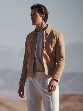 Suede Button-Through Trucker Jacket in Sand