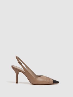 Mid Heel Leather Sling Back Court Shoes in Nude