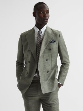 Slim Fit Double Breasted Wool-Linen Blazer in Sage