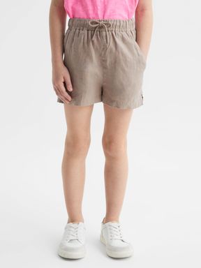 Junior Linen Drawstring Shorts in Mink