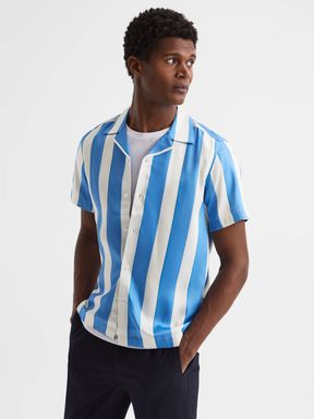 Slim Fit Cuban Collar Striped Shirt in Blue/White