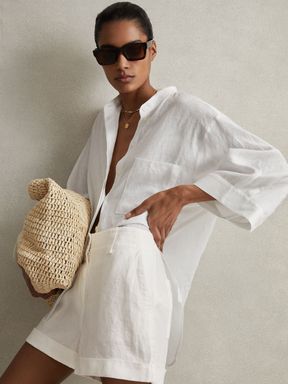 Linen High Rise Garment Dyed Shorts in White