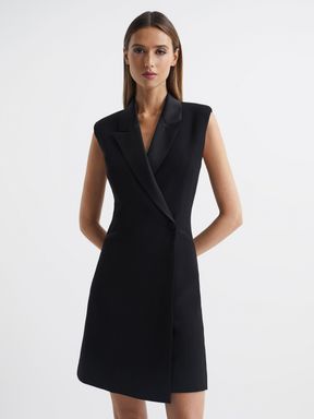 Halston Double Breasted Satin Lapel Dress in Black