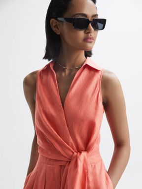 Sleeveless Linen Playsuit in Coral
