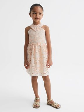 Senior Cross Back Lace Dress in Pink