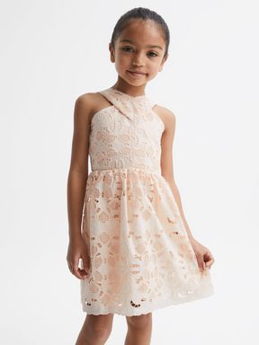 Junior Cross Back Lace Dress in Pink