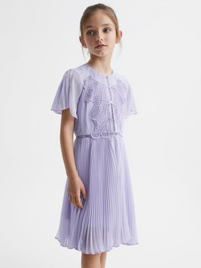Junior Lace Embroidered Pleated Dress in Lilac