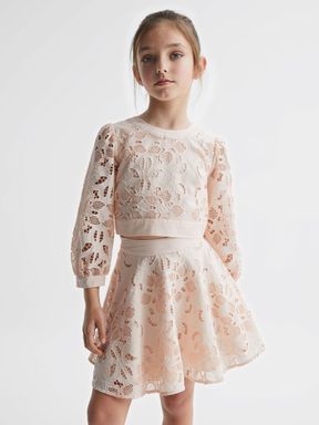 Junior Long Sleeve Lace Cropped Top in Pink