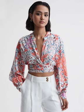 Floral Print Tie Front Cropped Blouse in Coral/White