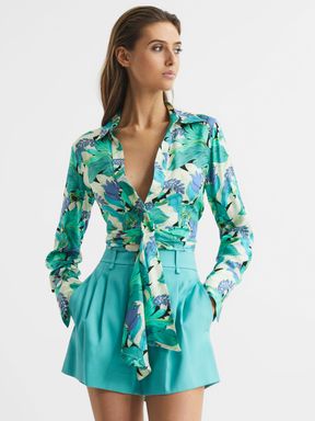 Floral Print Tie Front Cropped Blouse in Aquamarine