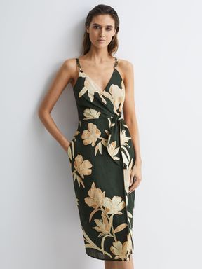 Fitted Floral Print Midi Dress in Khaki