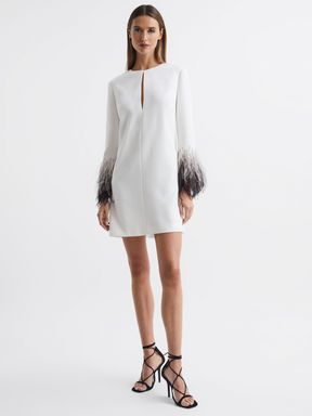 Halston Tailored Feather Sleeve Mini Dress in White