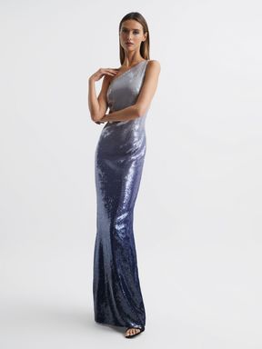 Halston Cold Shoulder Ombre Sequin Maxi Gown in Black Multi