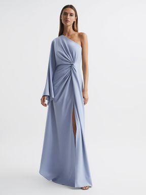 Halston Cold Shoulder Side Slip Maxi Gown in Soft Blue