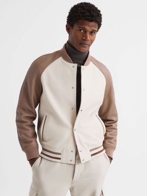 Leather Bomber Jacket in Ecru/Taupe