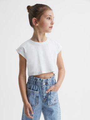 Junior Cotton Crew Neck Cropped T-Shirt in White