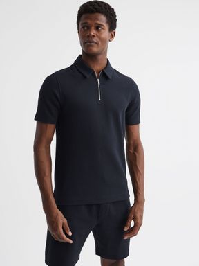 Slim Fit Textured Half Zip Polo Shirt in Navy