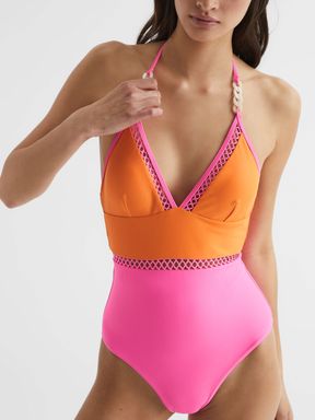 Colourblock Halter Swimsuit in Orange/Pink