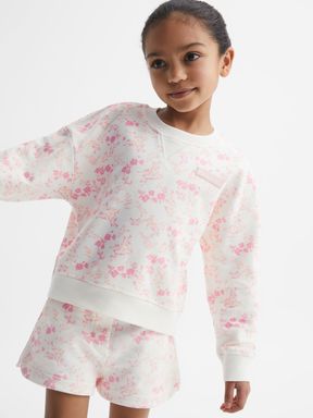 Junior Floral Print Set - Sweatshirt and Shorts in Pink Print