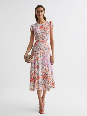 Petite Floral Print Cap Sleeve Dress in Coral/White