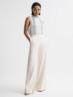 Wide Leg Stitch Detail Trousers in Cream