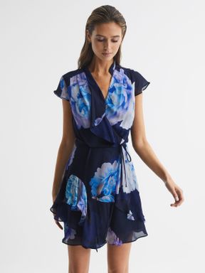 Floral Print Wrap Dress in Black/Blue