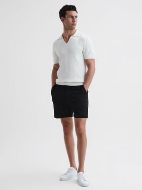 Textured Drawstring Shorts in Black