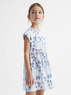 Junior Floral Print Jersey Dress in Blue Print